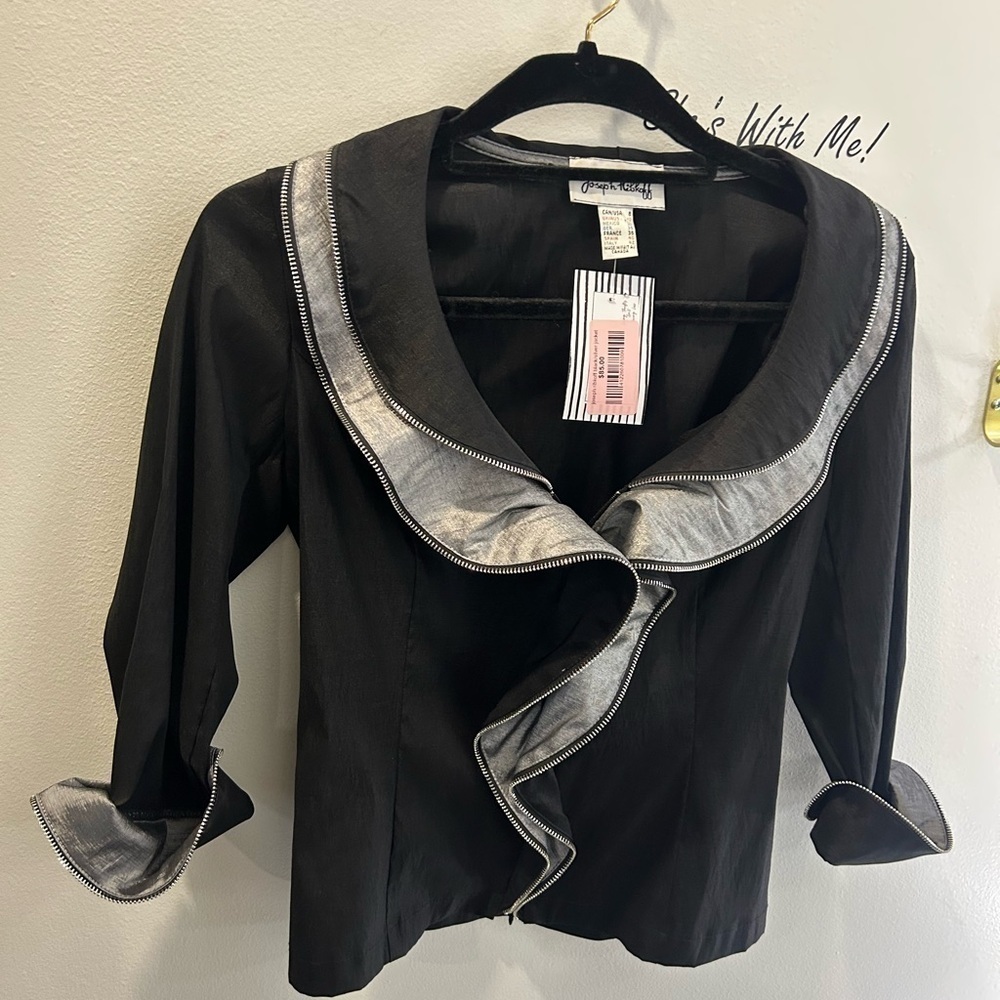 Joseph Ribkoff black and silver exposed zipper ruffle jacket size 8